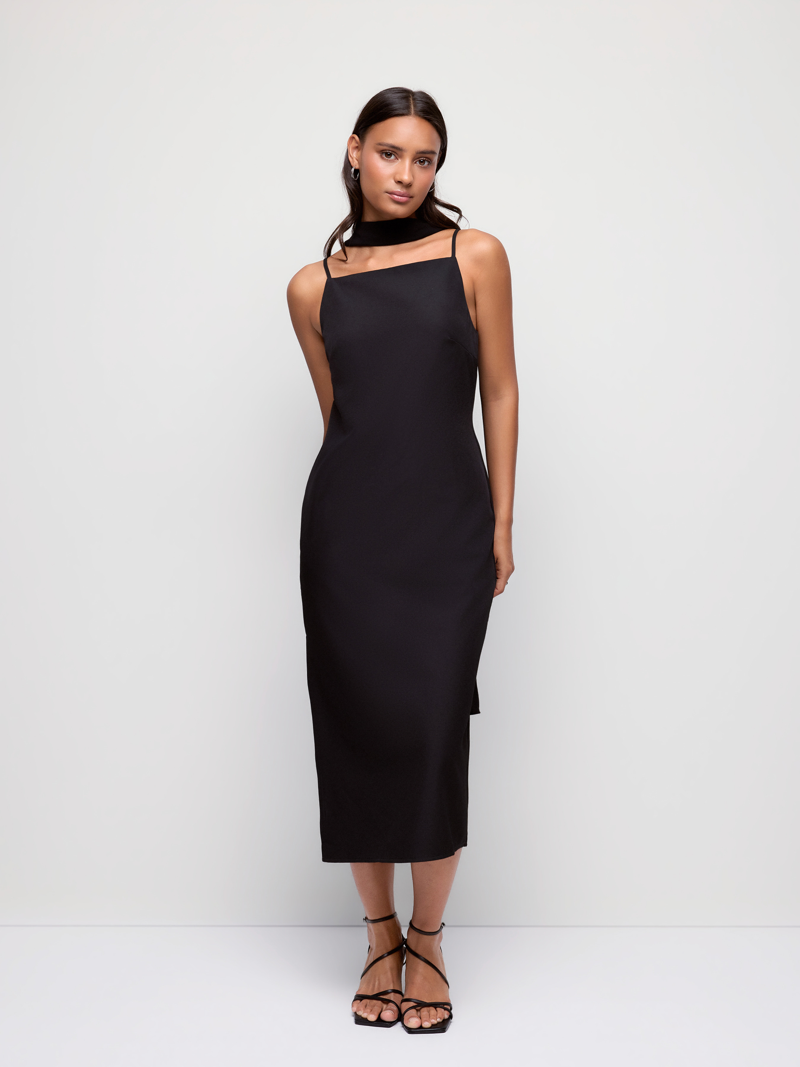 Woven Square Neck Split Straight Midi Dress With Scarf For Date Work | Cider
