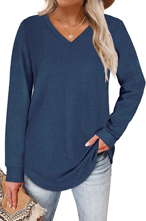 WIHOLL Sweaters for Women V Neck Long Sleeve Shirts Loose Casual Tops | Amazon (US)