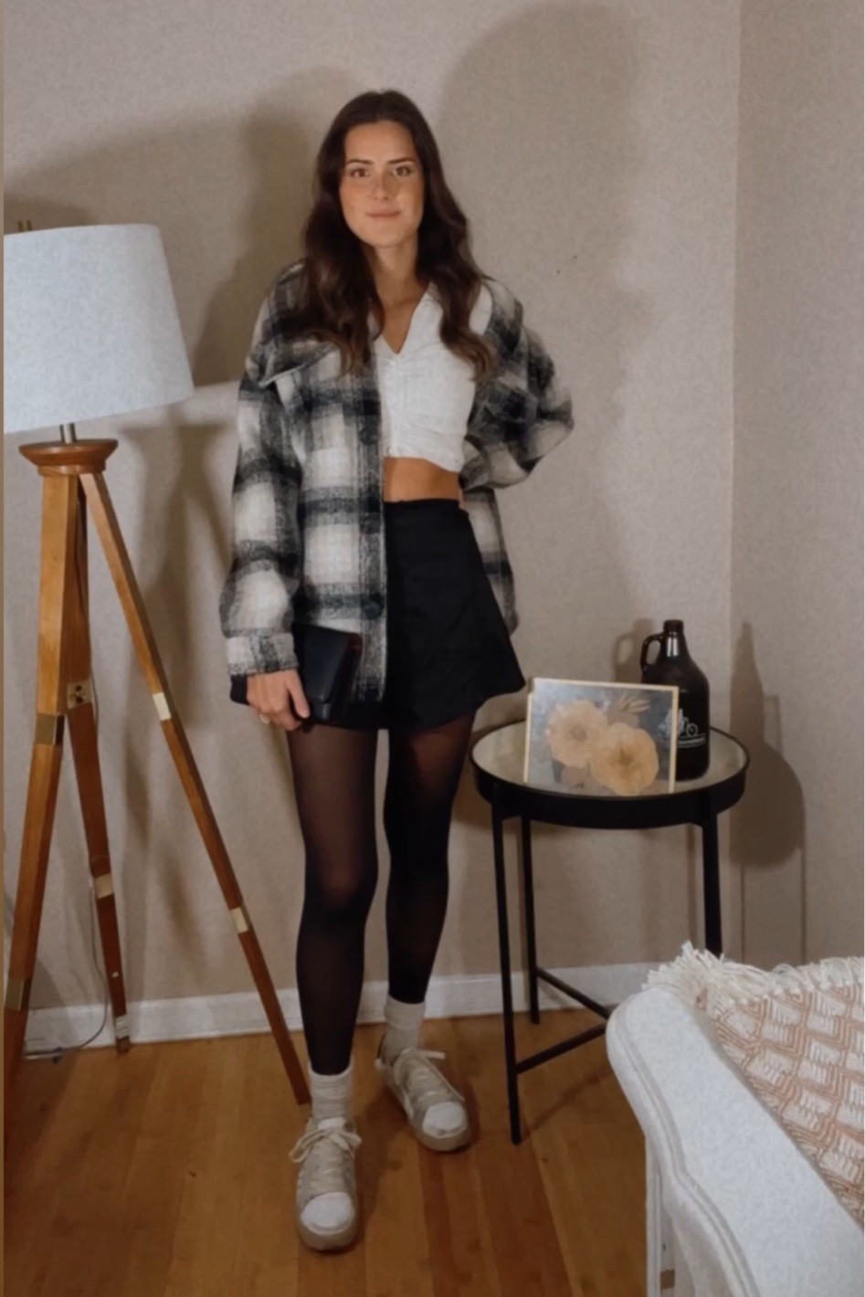 Black and white shacket// silk skirt// white crop// sneakers 