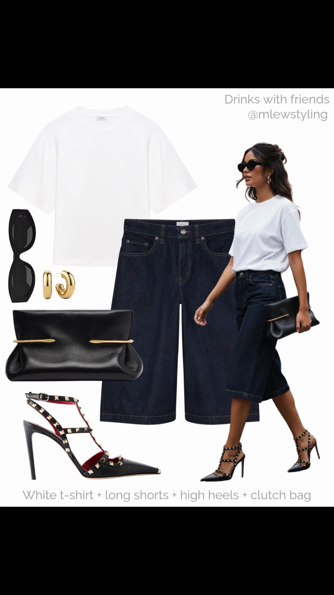 Outfit for drinks with friends ✨✨

Tags: date night outfit, dark denim bermudas, long jean shorts, Valentino rockstud high heels, black sunglasses, gold hoop earrings, black leather clutch bag, summer outfit

#LTKsummer #LTKdatenight #LTKshoes