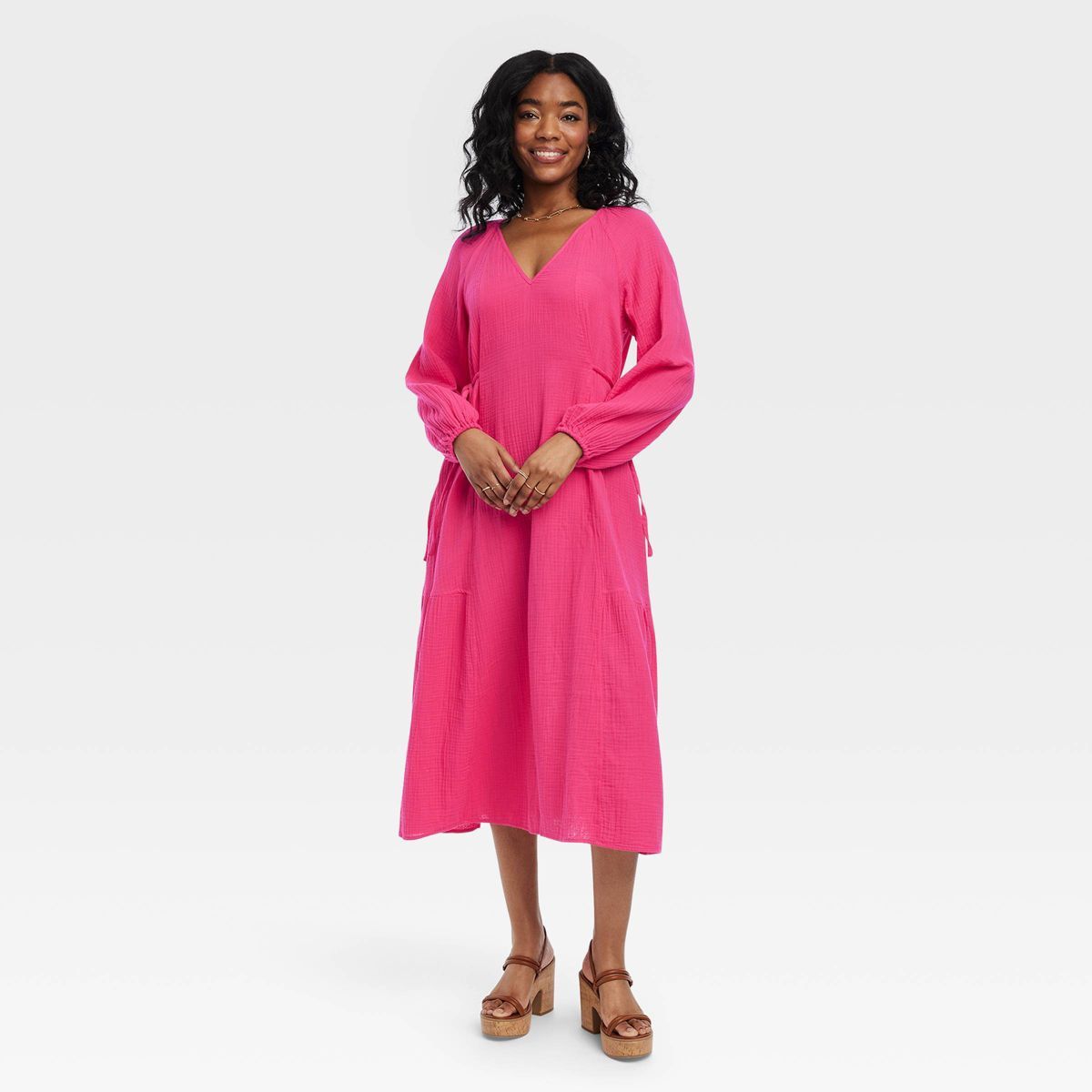 Women's Balloon Long Sleeve Midi A-Line Dress - Universal Thread™ Pink M | Target