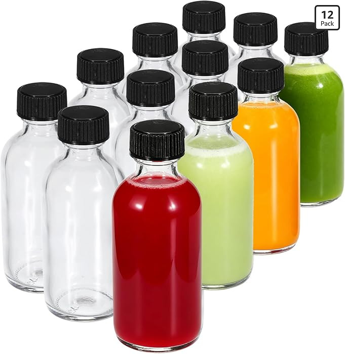 JohnBee 12-Pack 2 oz (60ml) Small Glass Boston Round Bottles with Lids - Leak-Proof Mini Travel C... | Amazon (US)