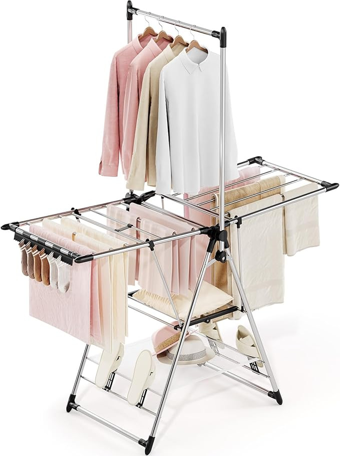 APEXCHASER Clothes Drying Rack with High Hanger, Foldable 3-Level Drying Racks with Shoe Rack, Cr... | Amazon (US)