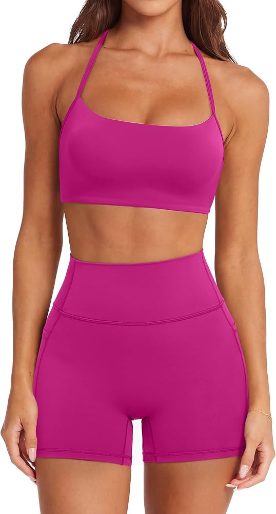 Amazon.com: SUUKSESS Women 2 Piece Workout Sets Padded Halter Sports Bras High Waisted Biker Shor... | Amazon (US)