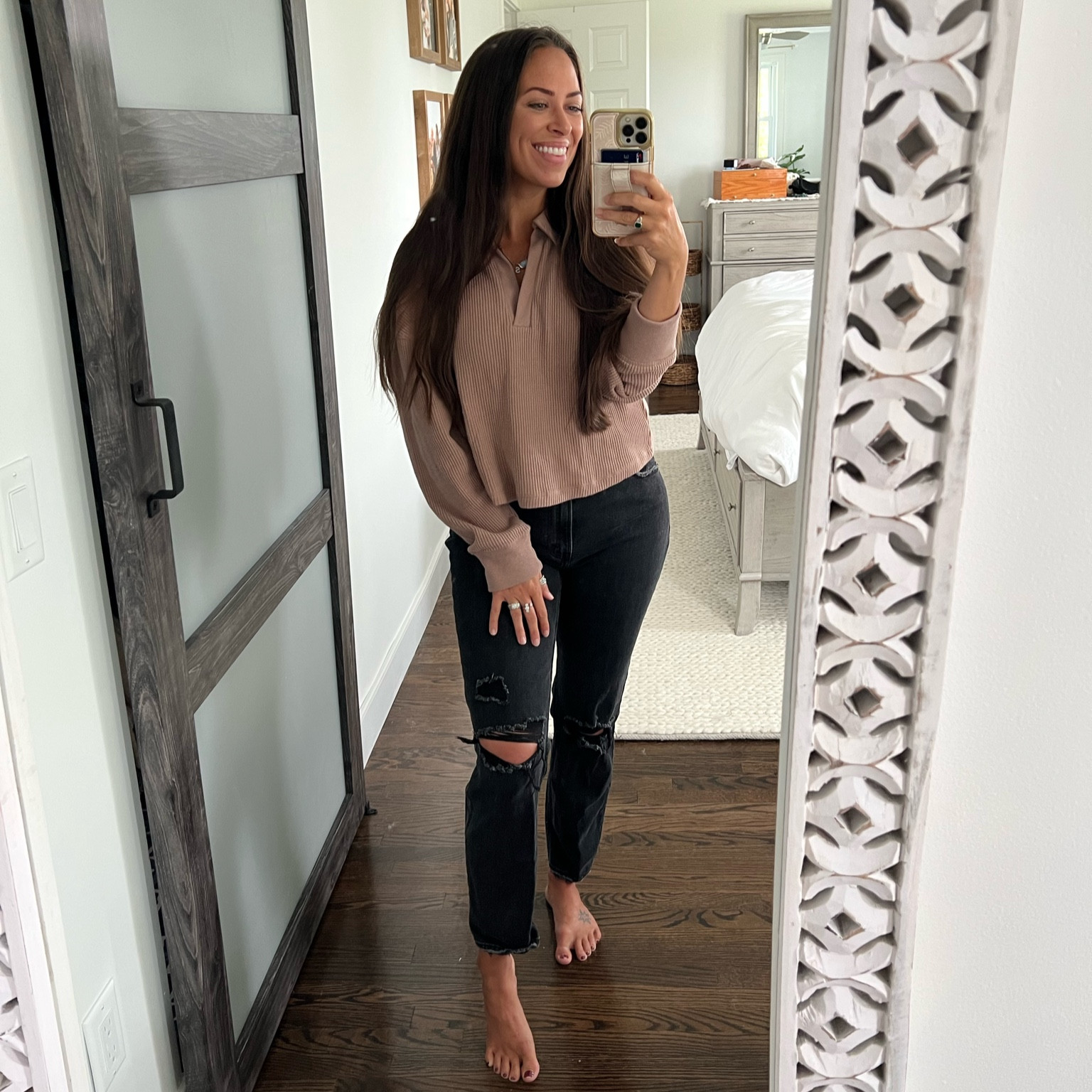 Waffle knit Abercrombie long sleeve with collar, cropped long sleeve, black ripped Abercrombie mom high rise jeans 