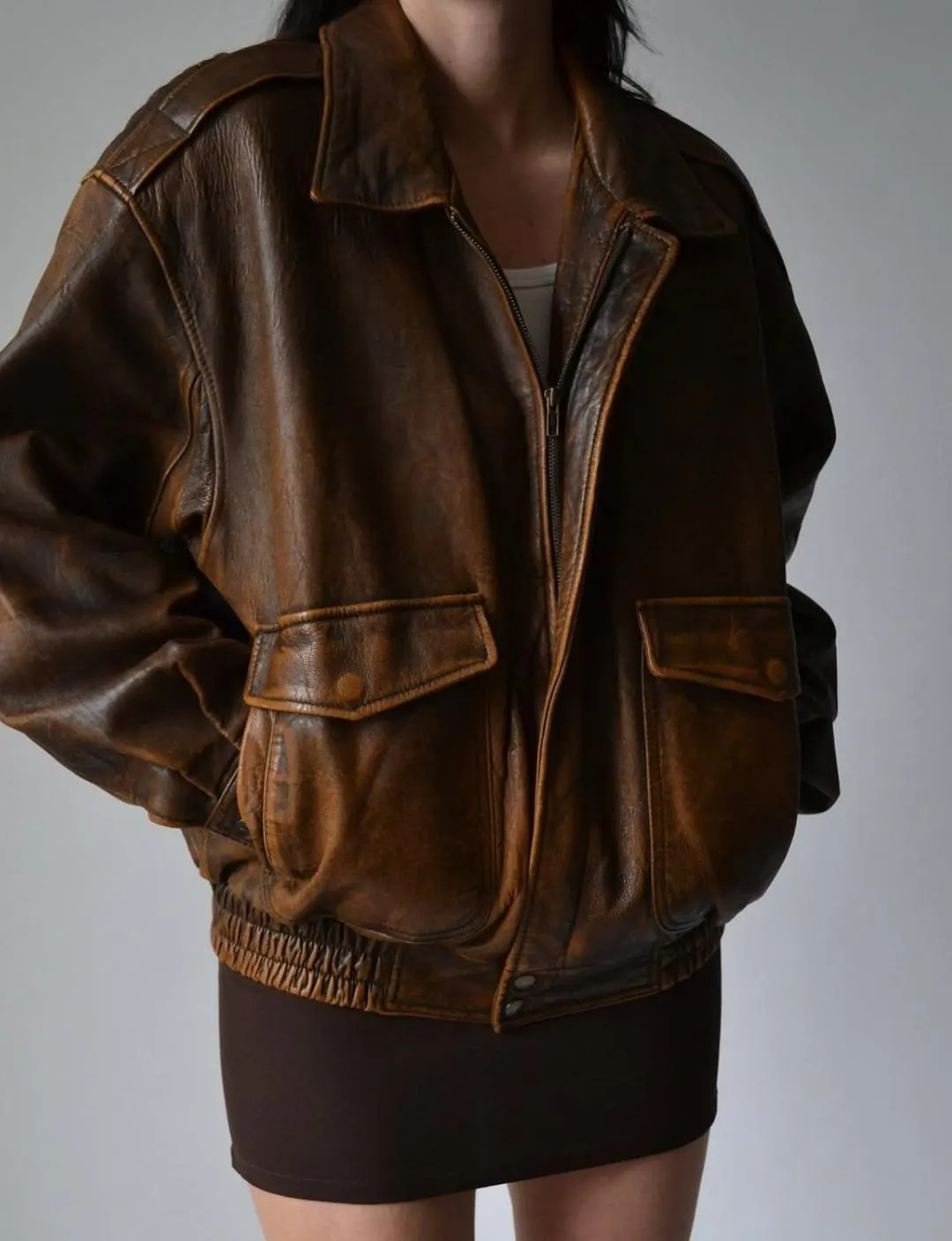 Vintage Distressed Brown Leather Bomber Jacket for Women's Oversized 90s Bomber Retro Handmade Le... | Etsy (US)