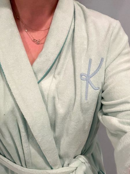 Weezie Towels lightweight robe is now available in a short version & new colors! Pictured is the Mint with River embroidery in Spa Blue. I find these robes to be true to size - I wear a Small. 
