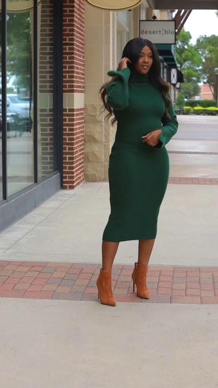 Green sweater dress! Ribbed dress. Outfit of the day. Midi dress. Outfit inspo. Hunter green. 

#LTKover40 #LTKmidsize #LTKstyletip