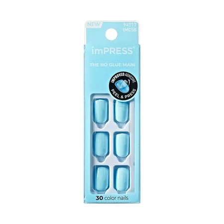 KISS imPRESS Press On Nails, Color, Quench It, Blue, Short Squoval, 30 Count | Walmart (US)