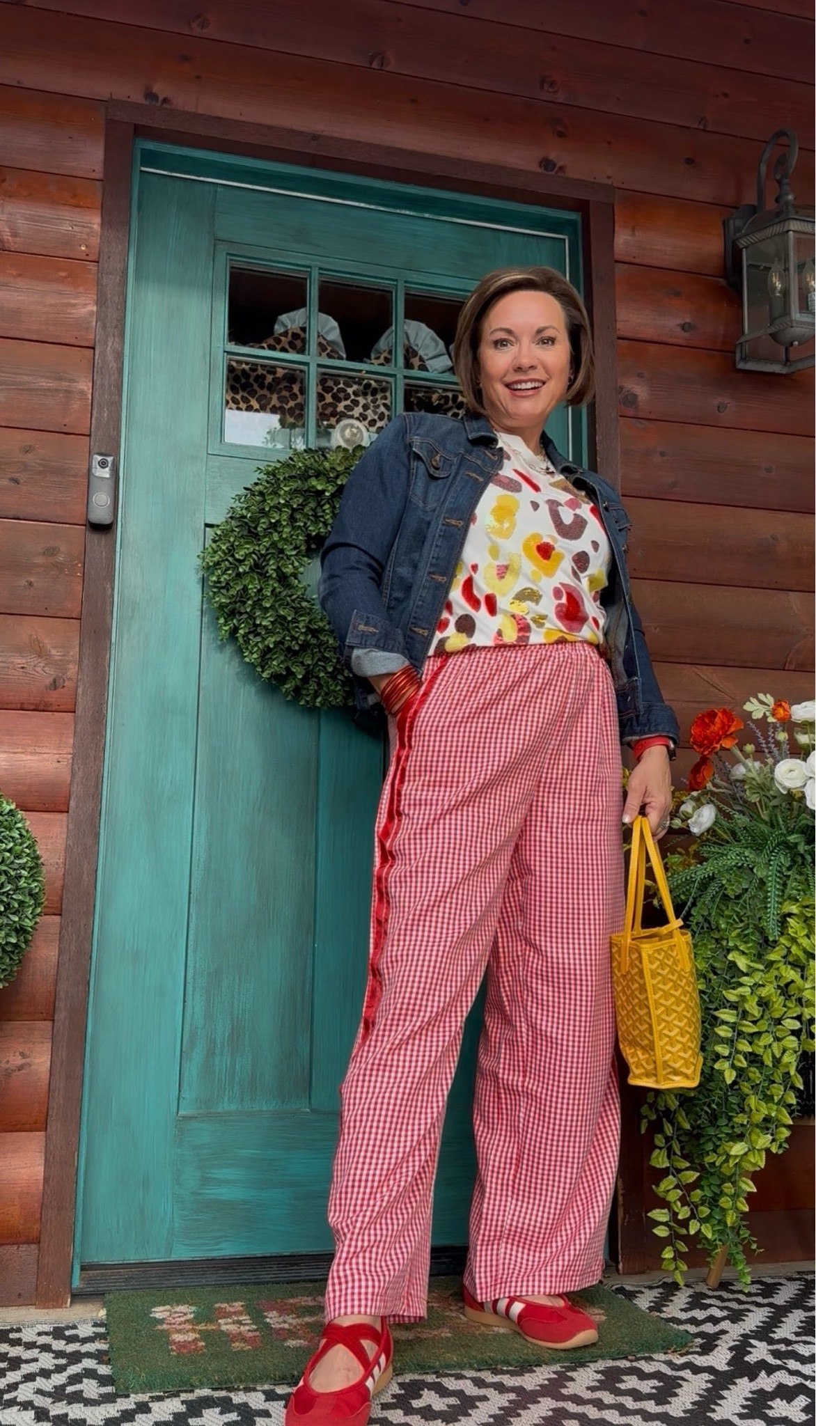 Dopamine dressing at its finest!! 💛❤️🩷

This outfit is proof that mixing prints and bold colors can still feel easy and comfortable. I paired these red gingham pants with a playful heart print tee, layered on a classic denim jacket, and finished it off with the happiest little yellow bag. Add in the red shoes and suddenly an ordinary day feels way more fun.

If your closet has been feeling a little boring lately… this is your sign to stop saving the colorful pieces for “someday.” Wear the fun outfit. ❤️

Perfect for:
• casual summer outfits
• teacher style
• brunch with friends
• vacation outfits
• everyday colorful fashion
• women over 40 fashion
• playful pattern mixing
• comfy chic outfits

dopamine dressing, colorful outfit ideas, gingham pants outfit, red gingham pants, pattern mixing outfit, heart print shirt, colorful casual outfit, bold color outfit ideas, playful fashion for women, women over 40 fashion, midsize fashion inspiration, eclectic outfit inspiration, dopamine dressing outfit ideas, colorful summer outfit, statement outfit ideas, teacher outfit inspiration, casual chic outfit, denim jacket outfit ideas, red and pink outfit, colorful accessories outfit, everyday style inspiration, fun fashion ideas, maximalist fashion outfit, quirky chic style, bright outfit inspiration, colorful wardrobe inspiration, spring to summer outfit, comfortable stylish outfits, fashion over 50, joyful dressing, happy color outfit, trendy Amazon fashion, casual weekend outfit, fashion content creator style, standout outfit inspiration, color lover outfit, whimsical fashion, fun everyday fashion, vibrant outfit ideas, cheerful outfit styling, bold fashion inspiration, playful women’s style, retro inspired outfit, colorful sneakers outfit, casual statement look, mix prints fashion, dopamine style trend, feel good fashion, colorful aesthetic outfit

#LTKootd #LTKselfcare #LTKOver40