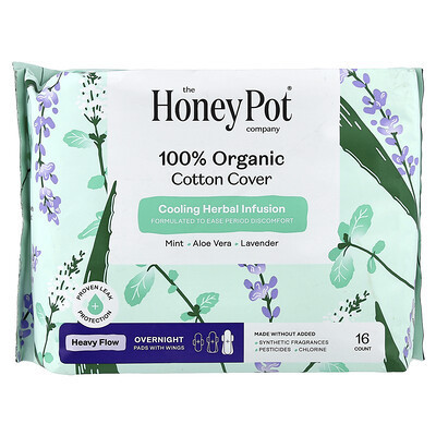 The Honey Pot Company, 100% Organic Cotton Cover Heavy Flow Overnight Pads, 16 Count | iHerb
