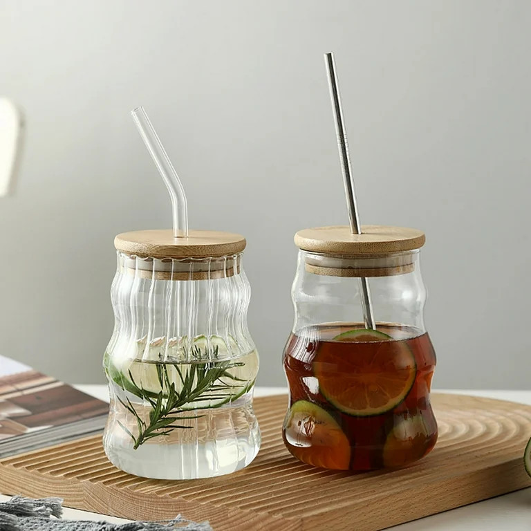 Glass Cups with Bamboo Lids and Glass Straw - S Shaped Drinking Glasses, 16.9 oz Iced Coffee Glas... | Walmart (US)