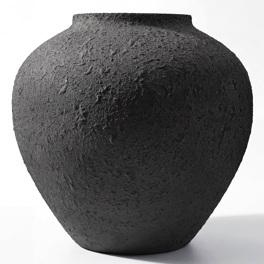 Large Round Black Vase with Pottery Look, Metal Rustic Vase for Flowers | Amazon (US)