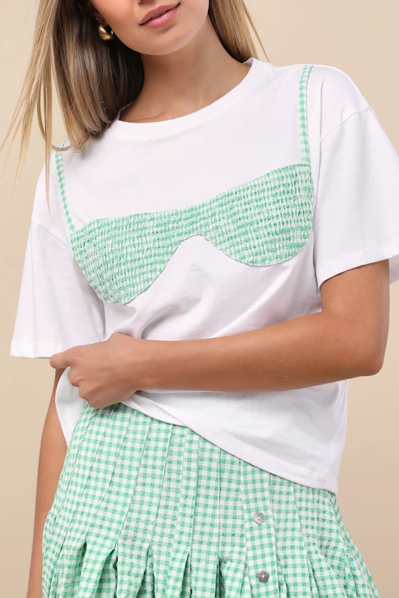 Natalia White and Green Gingham Bikini Top Tee | Lulus
