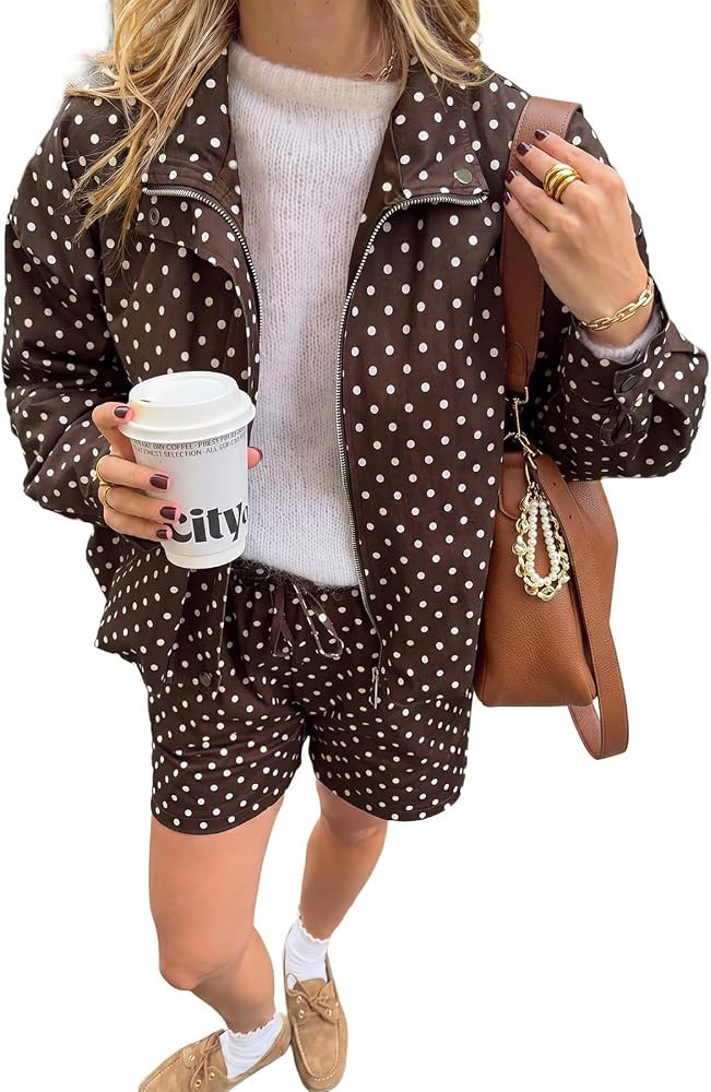 Womens Polka Dot 2 Piece Outfits Shorts Set Zip Up Cropped Jacket | Amazon (US)