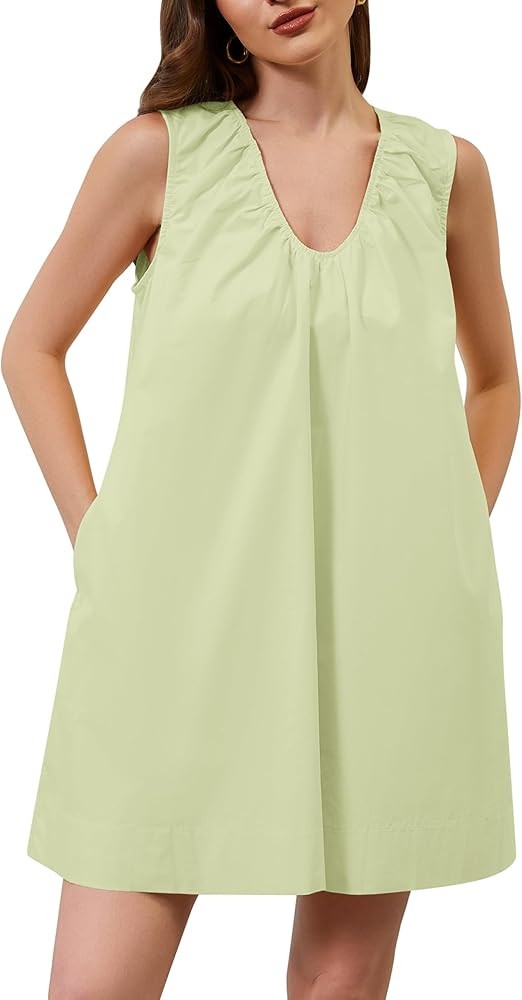 Livtany Women's Scoop Neck Babydoll Cute Mini Dress Flowy Sleeveless Short Dress Ruched Loose Fit... | Amazon (US)