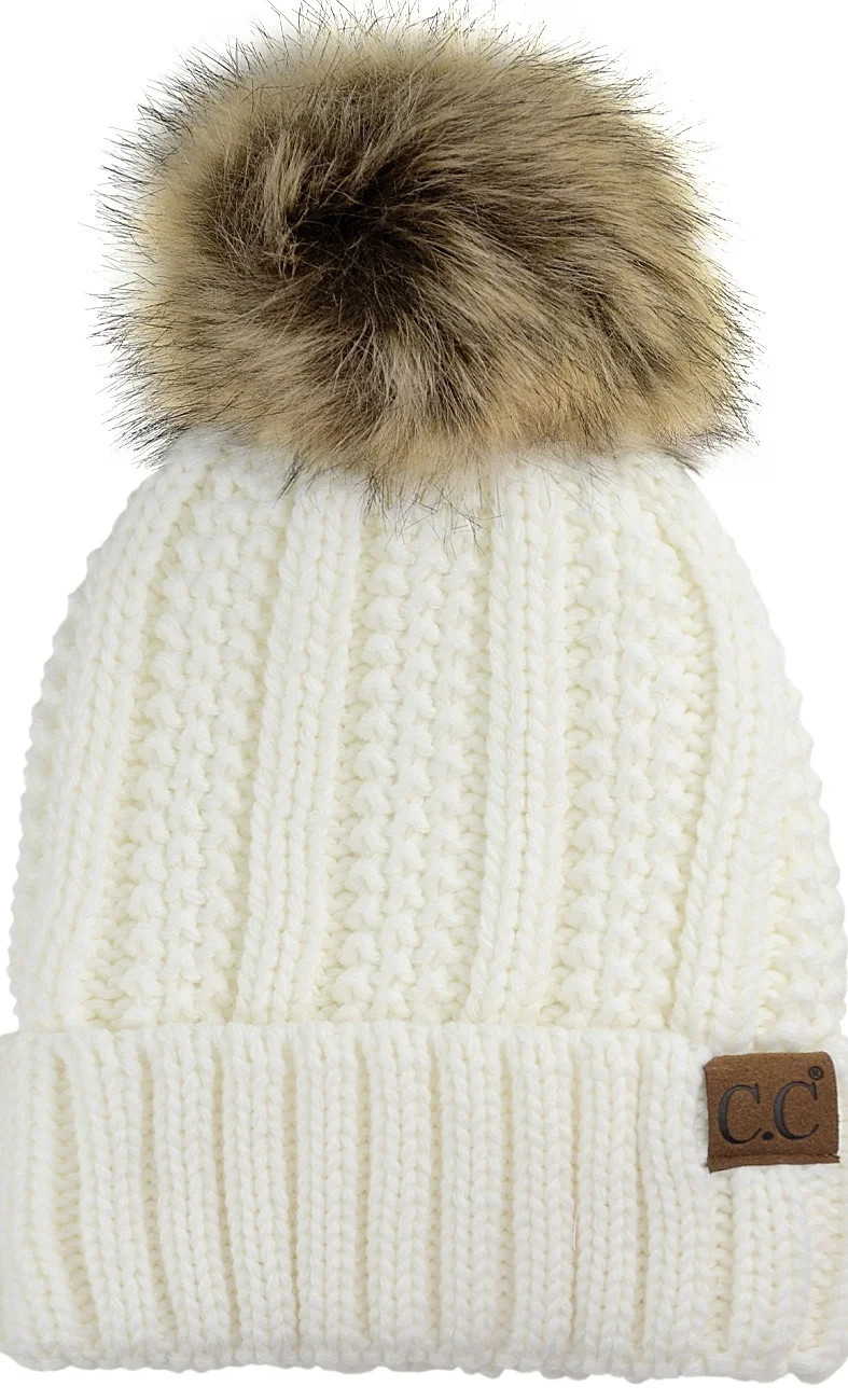 C.C Thick Cable Knit Faux Fuzzy Fur Pom Fleece Lined Skull Cap Cuff Beanie, Ivory - Walmart.com | Walmart (US)