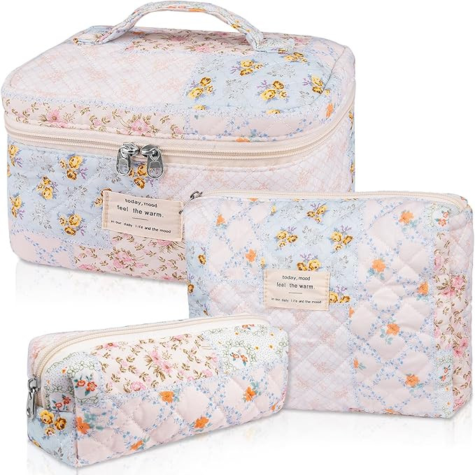 Makeup Bag Set, Quilted Makeup Bag, Large Floral Cosmetic Bag for Women, Cute Cotton Makeup Bags,... | Amazon (US)