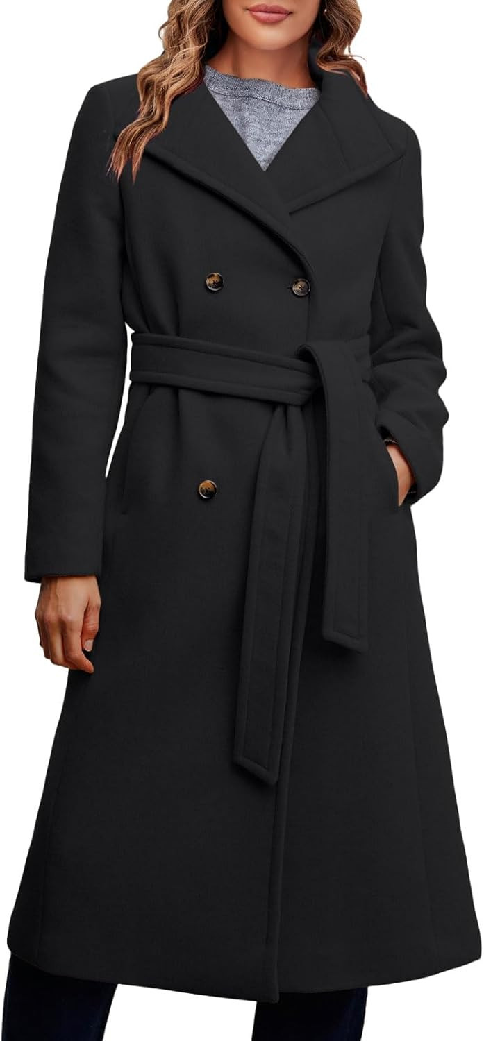 Fisoew Women Double Breasted Coats Long Winter Work Office Overcoat Pocketed Outwear with Belt | Amazon (US)
