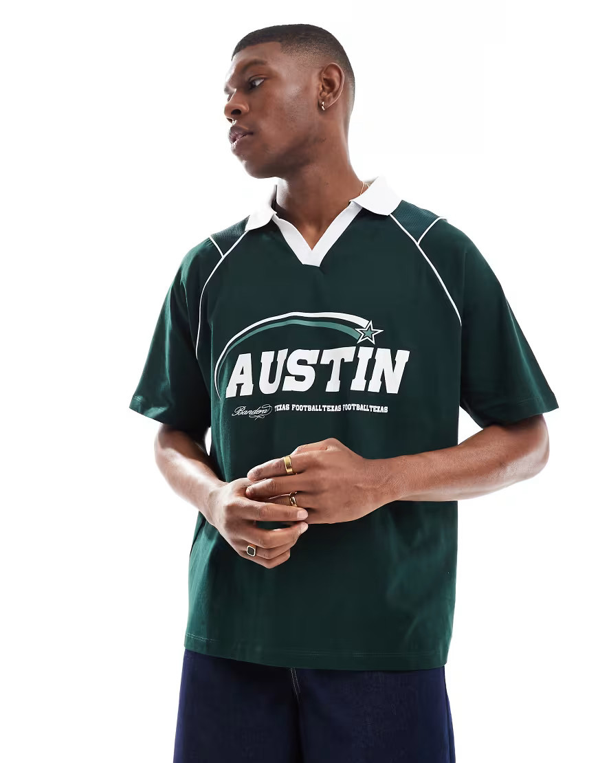 ASOS DESIGN oversized polo with sports graphics and airtex panelling in dark green | ASOS (Global)