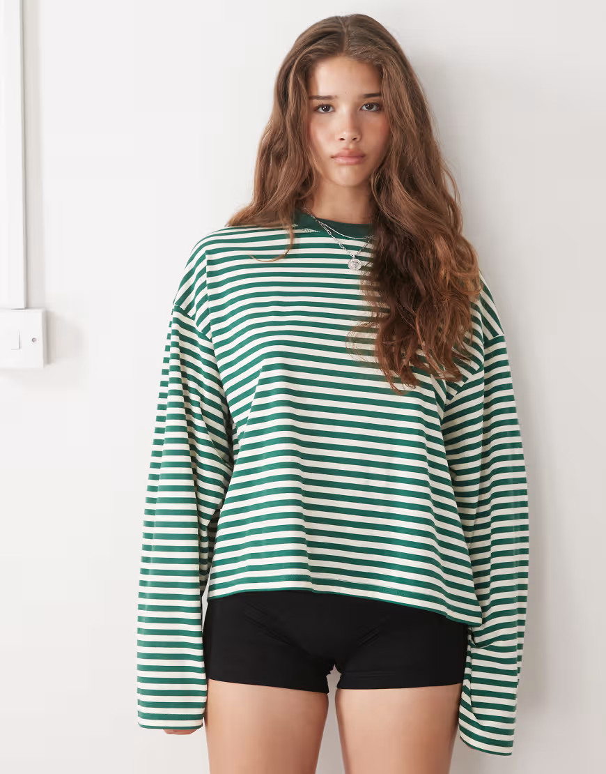Lioness Bloom cotton mix long sleeve crew neck boxy T-shirt in forest green & white stripe-Multi | ASOS (Global)