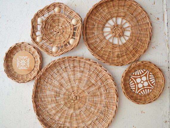 Set of 5 wall baskets, Boho wall baskets art, Bohemain wall wicker basket decor | Etsy (US)