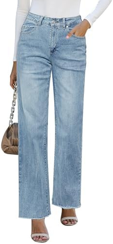 GRAPENT Straight Leg Jeans for Women High Waisted Stretchy Frayed Raw Hem Loose Denim Pants Casua... | Amazon (US)