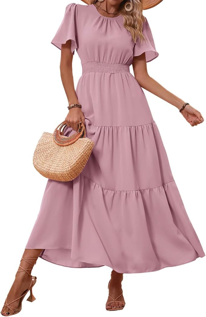 PRETTYGARDEN Women's Summer Casual Short Flutter Sleeve Round Neck Smocked Waist Tiered Boho Flor... | Amazon (US)