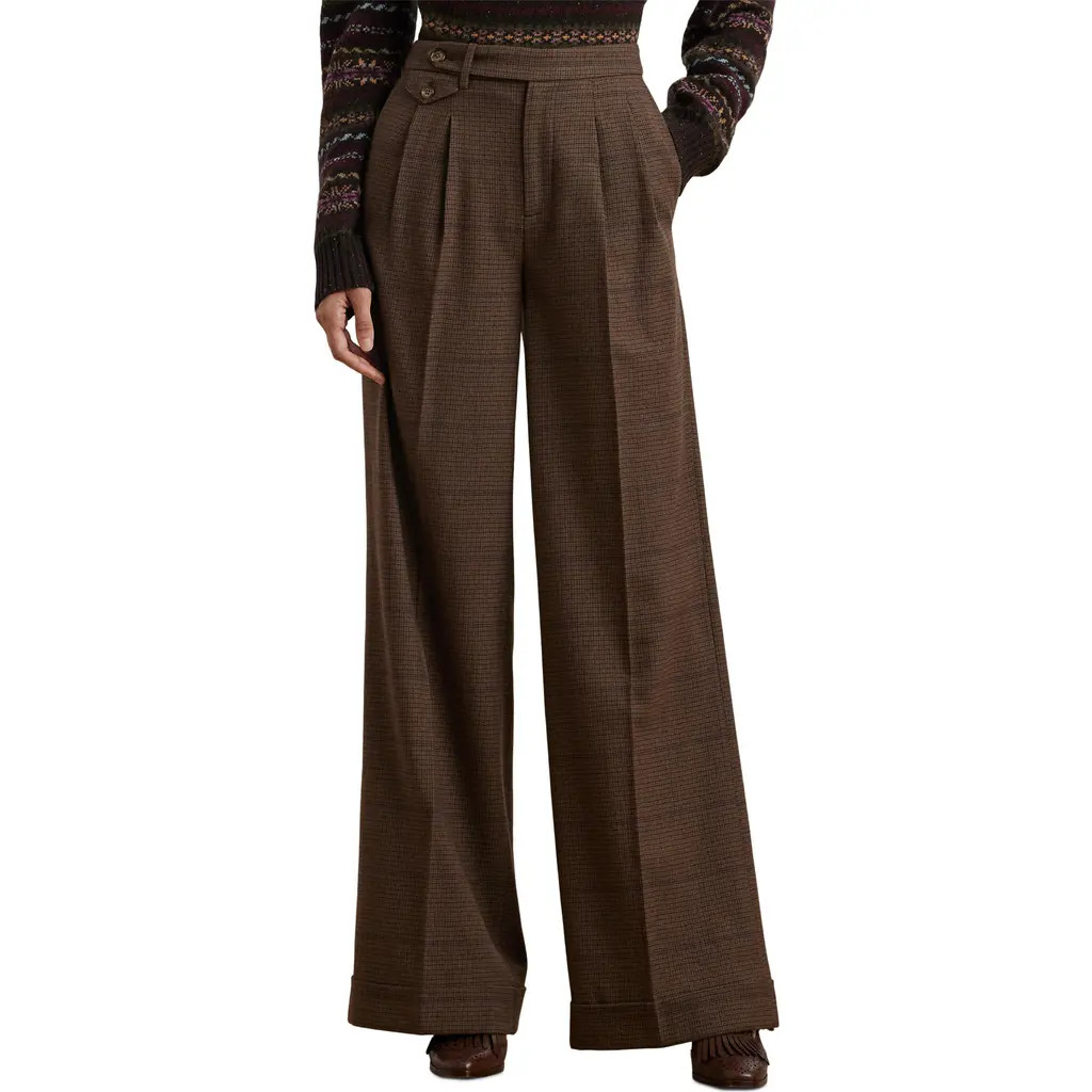 Lauren Ralph Lauren Check Wool Wide Leg Pants in Brown/tan/purple Multi at Nordstrom, Size 0 | Nordstrom