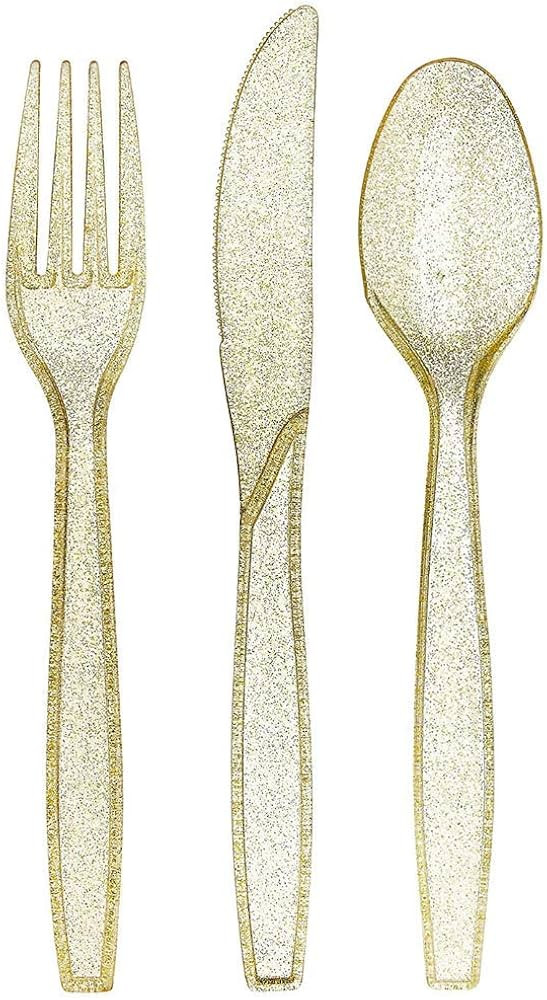 180 Gold Plastic Silverware Set | Glitter Gold Cutlery | Glitter Clear Plastic Cutlery Set | Disp... | Amazon (US)