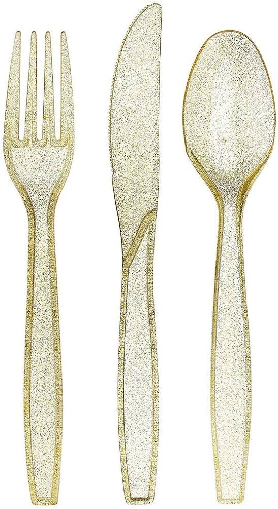 180 Gold Plastic Silverware Set | Glitter Gold Cutlery | Glitter Clear Plastic Cutlery Set | Disp... | Amazon (US)