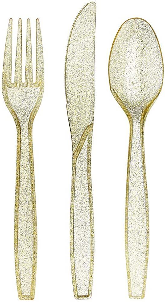 180 Gold Plastic Silverware Set | Glitter Gold Cutlery | Glitter Clear Plastic Cutlery Set | Disp... | Amazon (US)