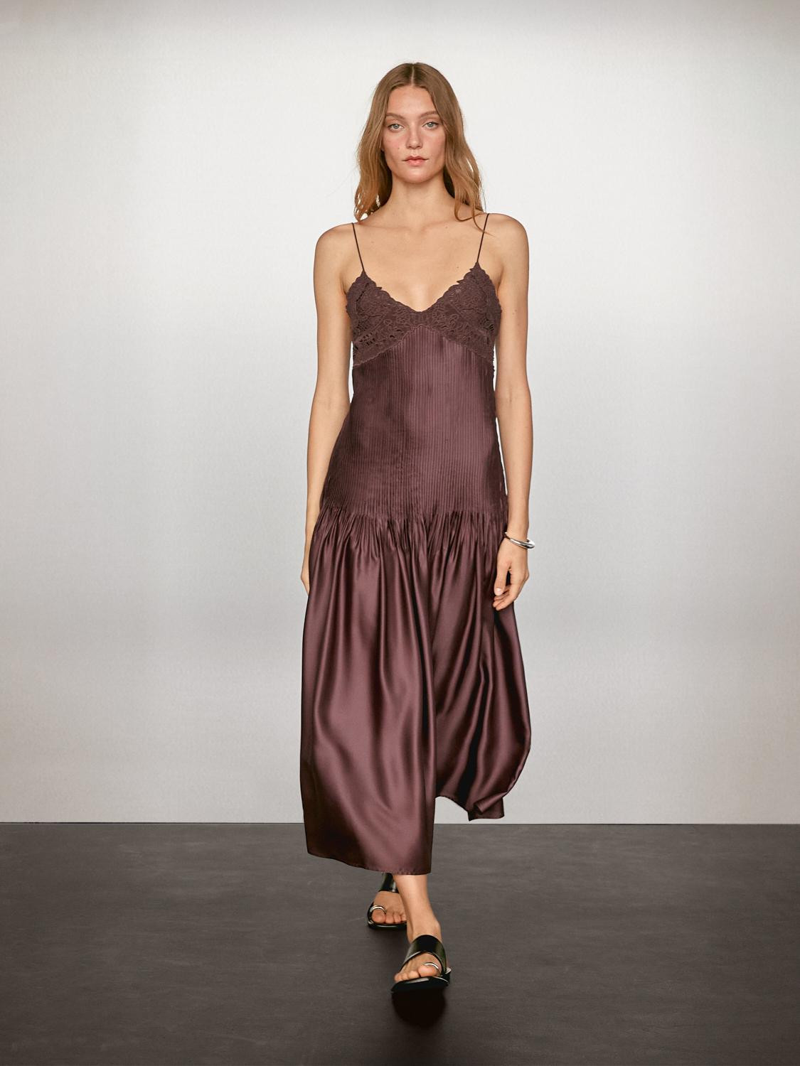Flowing satin midi dress with straps | Massimo Dutti UK