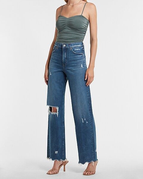 Super High Waisted Ripped Raw Hem 90s Wide Leg Jeans | Express