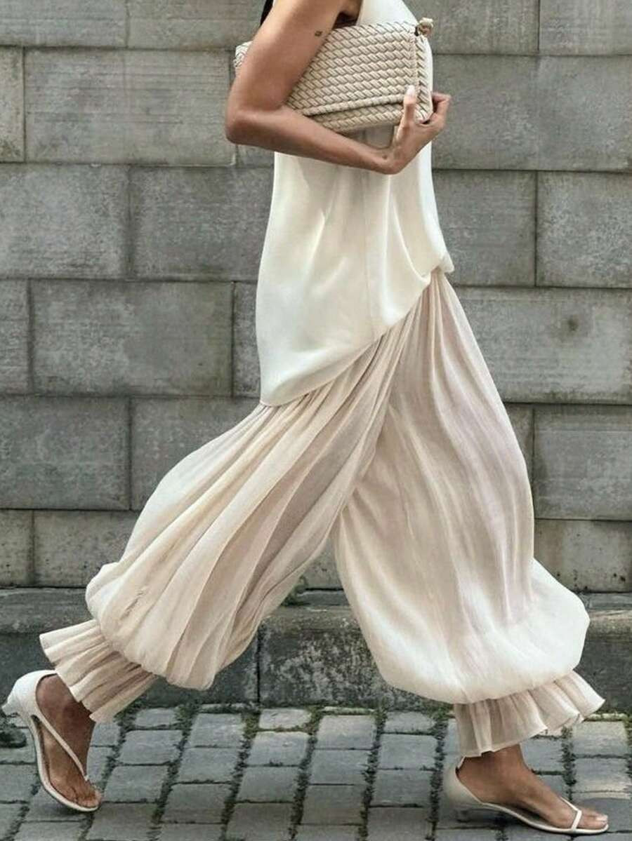 Siren Gaze Women's Solid Color Elastic Waist Ruffle Hem Patchwork Casual Versatile Wide Leg Pants... | SHEIN