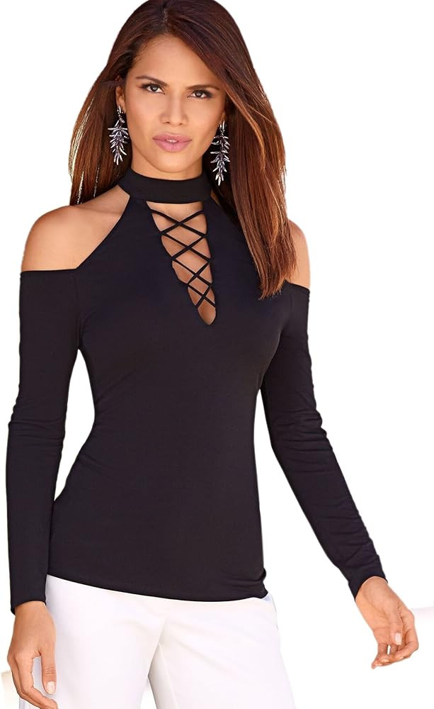 ECOWISH Womens Knit Shirt Cut Out Shoulder Tops Halter Neck Lace Up Basic Tee Blouse | Amazon (US)
