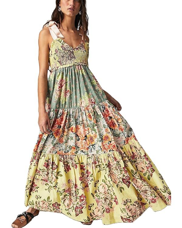 Women Summer Maxi Dress Floral Smocked Shirred Long Dress Boho Sleeveless Tie Shoulder Sundress | Amazon (US)