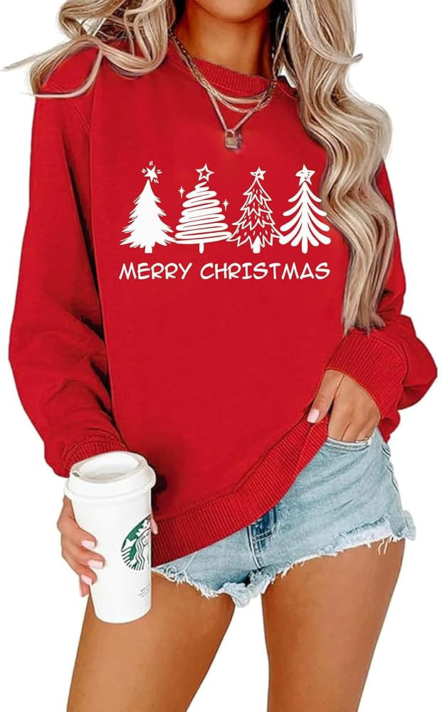 Womens Christmas Sweatshirt Christmas Tree Graphic Long Sleeve Shirts Xmas Holiday Pullover Tops ... | Amazon (US)