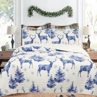 2596836 Christmas Blue Deer Snowflake Queen Size Polyester Quilt Bedspread Set | The Home Depot