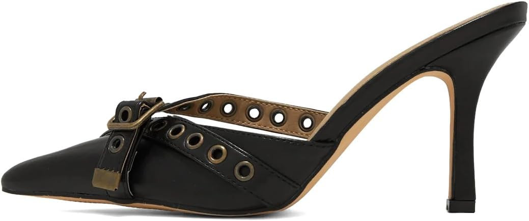 XYD Women's Fashion High Heel Pointed Closed Toe Mules Crossover Strap Grommets Slip On Slides Sa... | Amazon (US)
