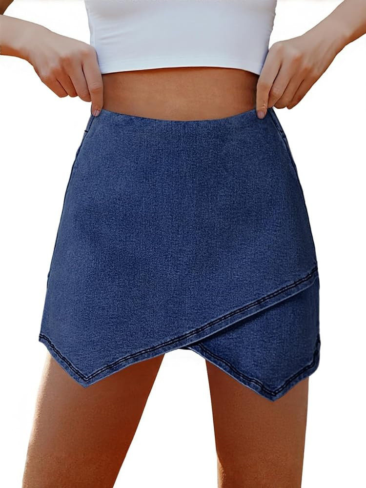 luvamia Jean Skorts for Woman High Waisted Pull On Stretchy Denim Wrap Skirt with Shorts Trendy A... | Amazon (US)