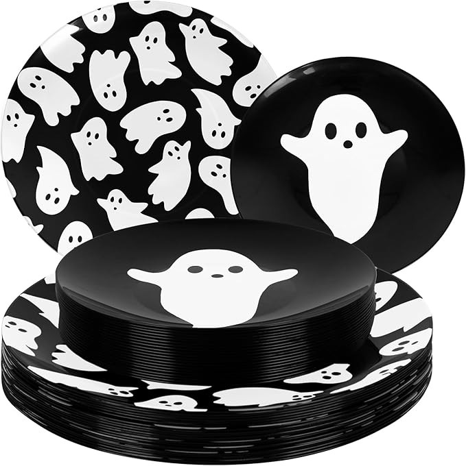 Whaline 40Pcs Halloween Plastic Plates Cute Ghost Reusable Plate Black White Dinner Dessert Plate... | Amazon (US)