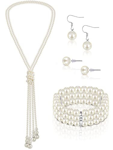 Glenmal Pearl Rhinestone Jewelry Set for Women Pearl Necklace Bracelet Earrings for Wedding Birthday Bridal Shower Tea Party(Vintage Style) | Amazon (US)