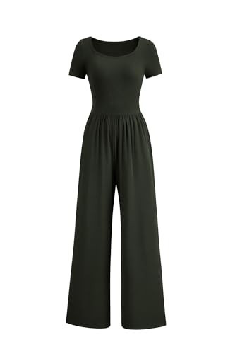 PRETTYGARDEN Women's Summer One Piece Jumpsuits Dressy Casual Short Sleeve Square Neck Wide Leg Jumpsuit Rompers (Dark Army Green,Large) | Amazon (US)