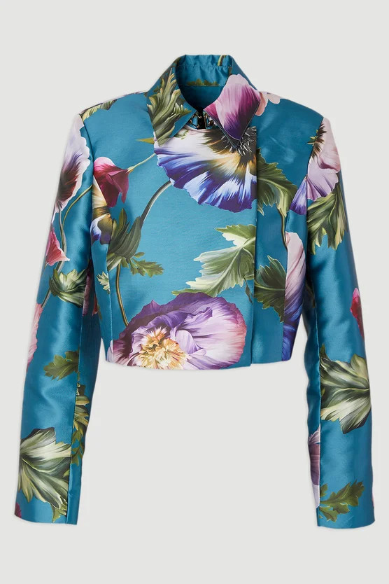 Rose Floral Twill Cropped Woven Jacket | Karen Millen US