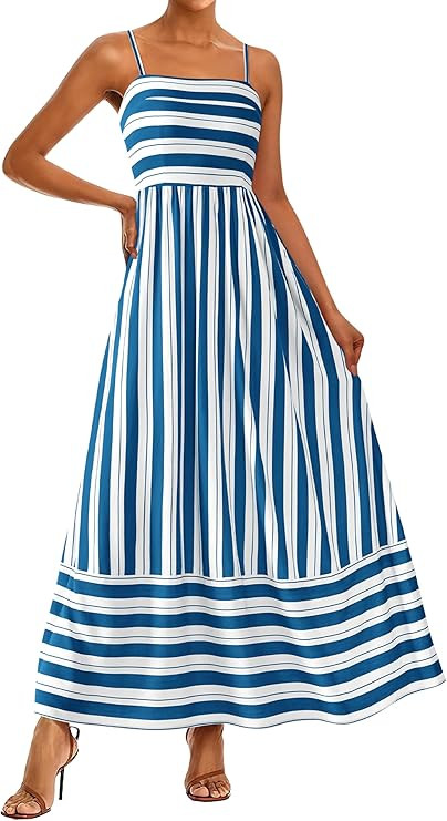 PRETTYGARDEN Women Summer Maxi Dresses 2026 Spaghetti Strap Boho Floral Striped Wedding Guest Bea... | Amazon (US)