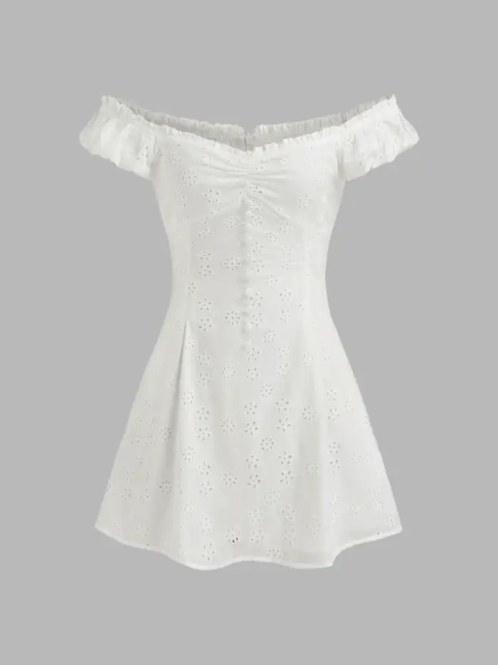 Woven Cotton Broderie Anglaise 100% Cotton Off-shoulder Solid Mini Dress For Date | Cider