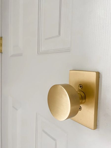 Modern round knob, passage set door knob, round door knob, satin brass knob, Emtek round gold door knob, rectangle rosette door knob. Closet door knob. 

#LTKhome #LTKFind