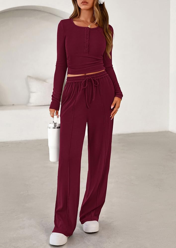 PRETTYGARDEN Women's 2026 Fall Trendy 2 Piece Outfits Lounge Sets Long Sleeve Top Henley Shirts W... | Amazon (US)