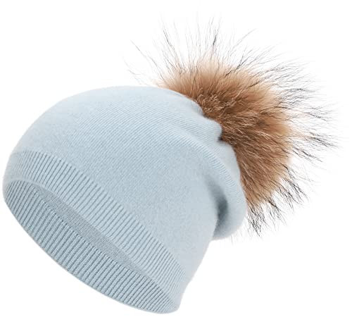 Womens Blue Cashmere Beanie Hat with Pom Pom Blue Winter Slouchy Knit Beanie Hat with Real Fur Pom Pom Beanie Hat(Blue) | Amazon (US)
